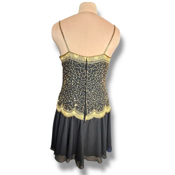 Vintage Beaded Black Gold Drop Waist Metallic Sequin Cocktail Dress Sleeveless 4 - Picture 6 of 14